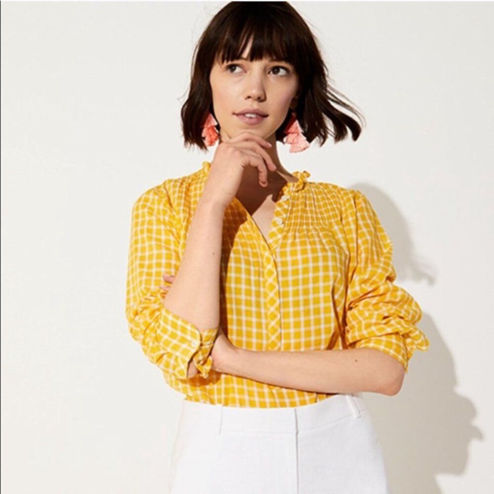 J. Crew Ruffle Classic Popover Shirt Yellow Midi Windowpane Women's Size 2